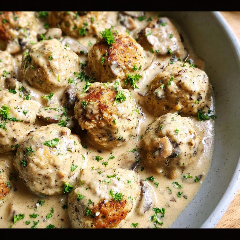 Close-up of delicious Creamy Mushroom Chicken Meatballs simmered in a rich, creamy mushroom sauce and garnished with parsley.
