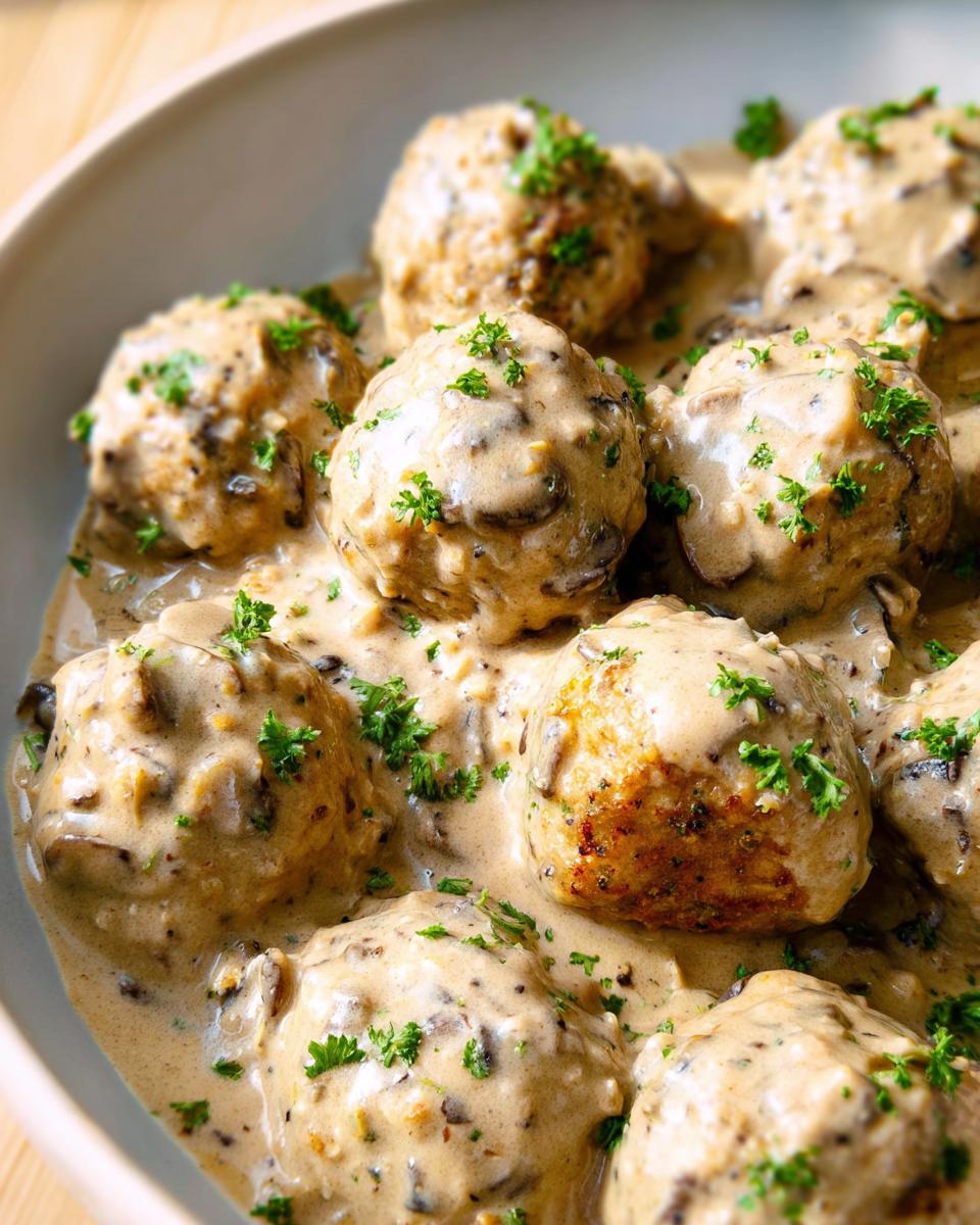 Close-up of delicious Creamy Mushroom Chicken Meatballs covered in a rich, savory sauce and garnished with fresh parsley.