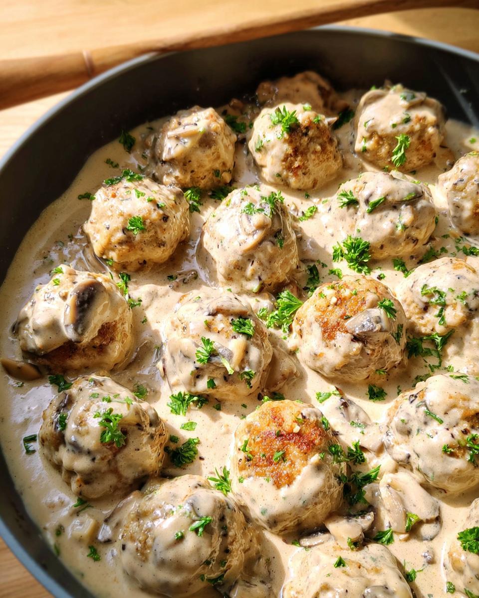 Close-up of delicious Creamy Mushroom Chicken Meatballs in a rich, creamy mushroom sauce, garnished with parsley.