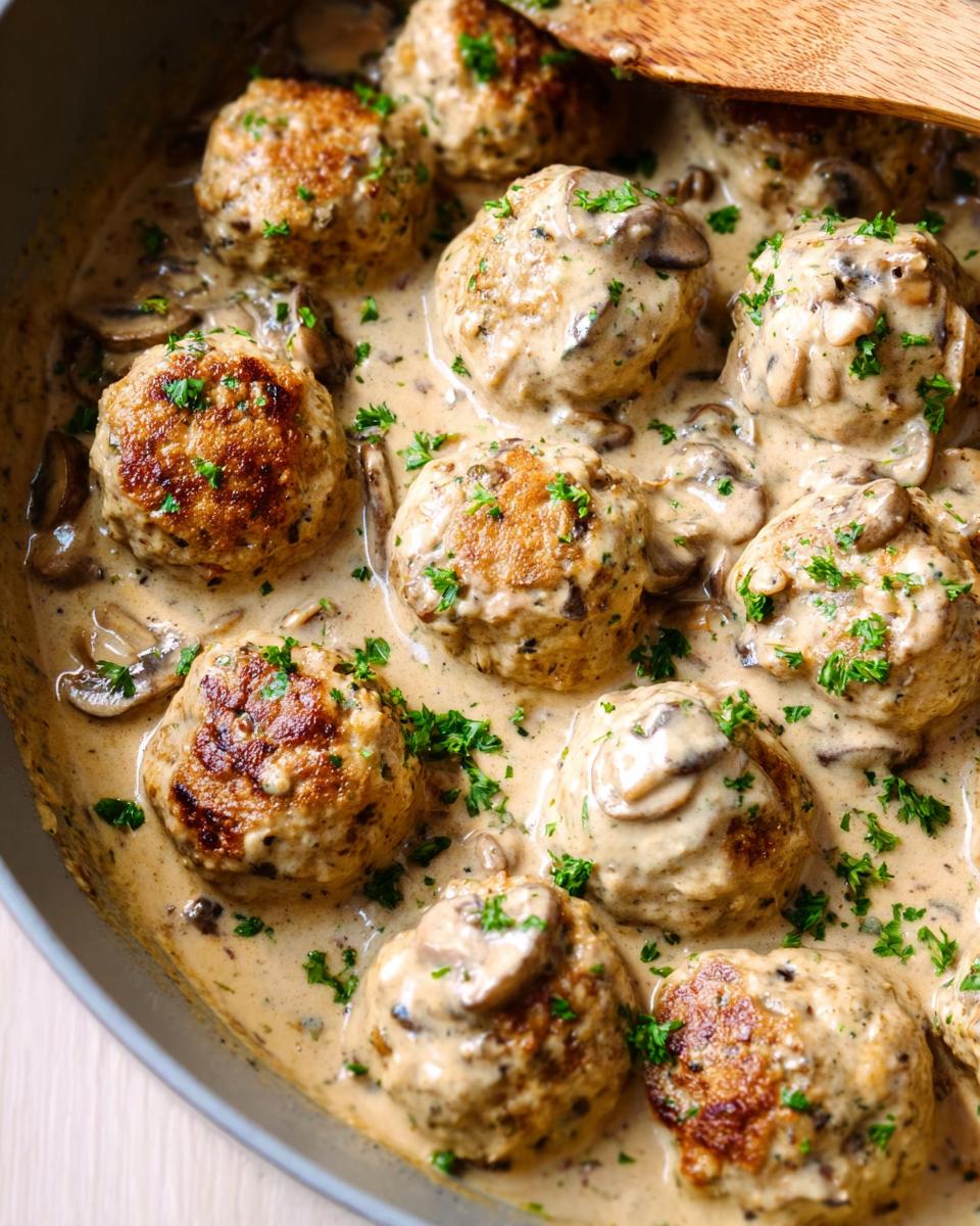 Close-up of delicious Creamy Mushroom Chicken Meatballs simmering in a rich, creamy mushroom sauce, garnished with parsley.