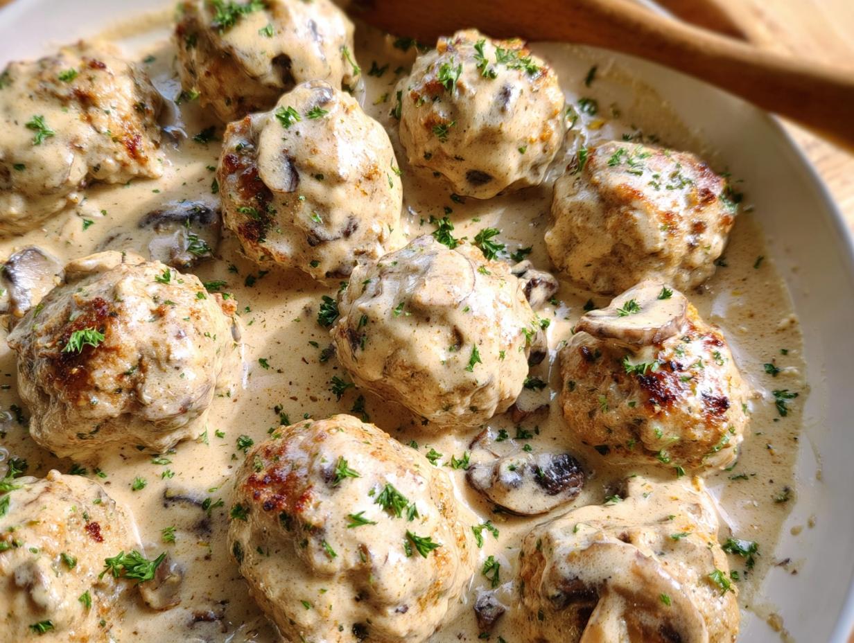 A close-up of delicious Creamy Mushroom Chicken Meatballs swimming in a rich, creamy mushroom sauce, garnished with parsley.