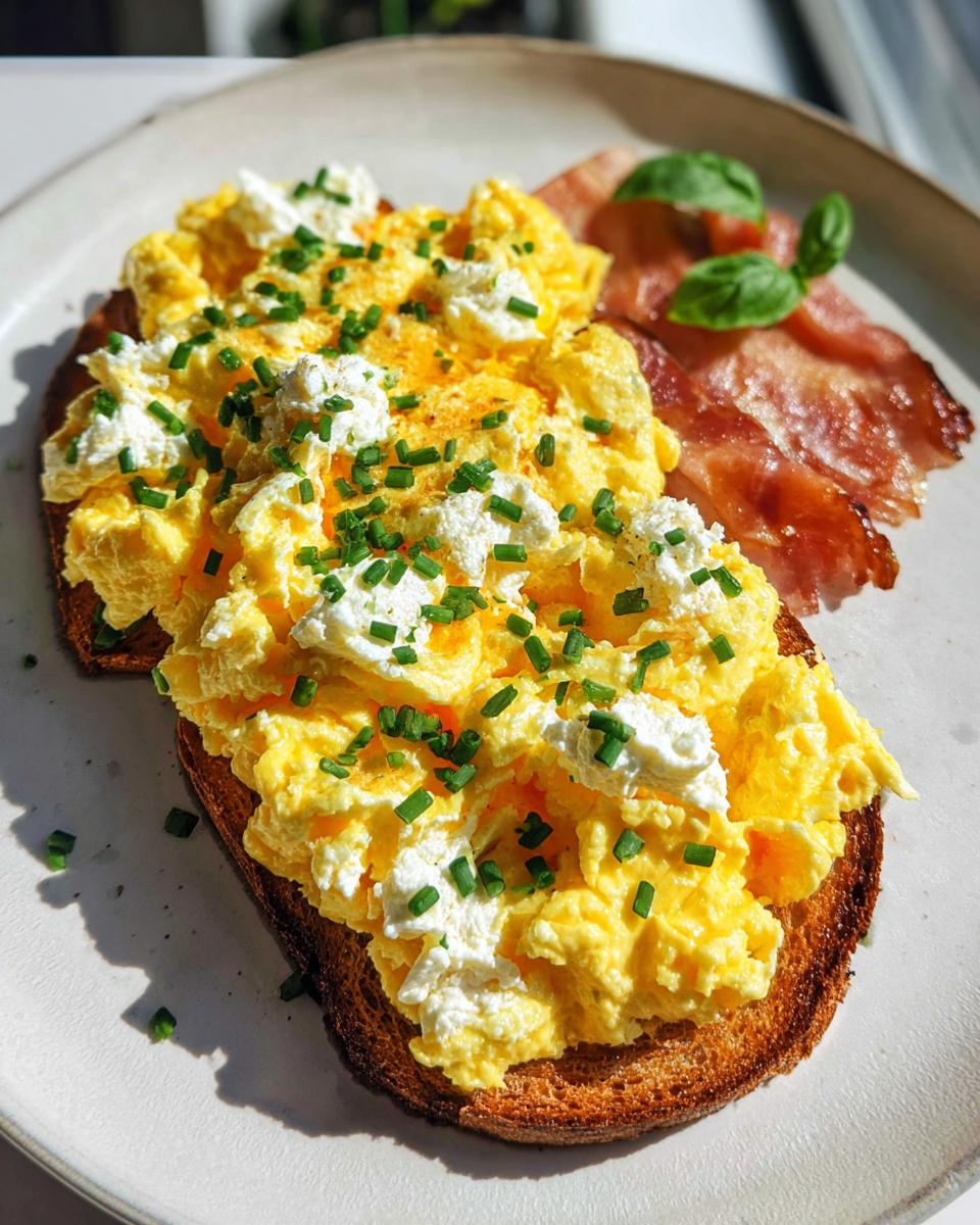A delicious Creamy Ricotta Egg Toast topped with fluffy scrambled eggs, ricotta cheese, and chives, served with crispy bacon.
