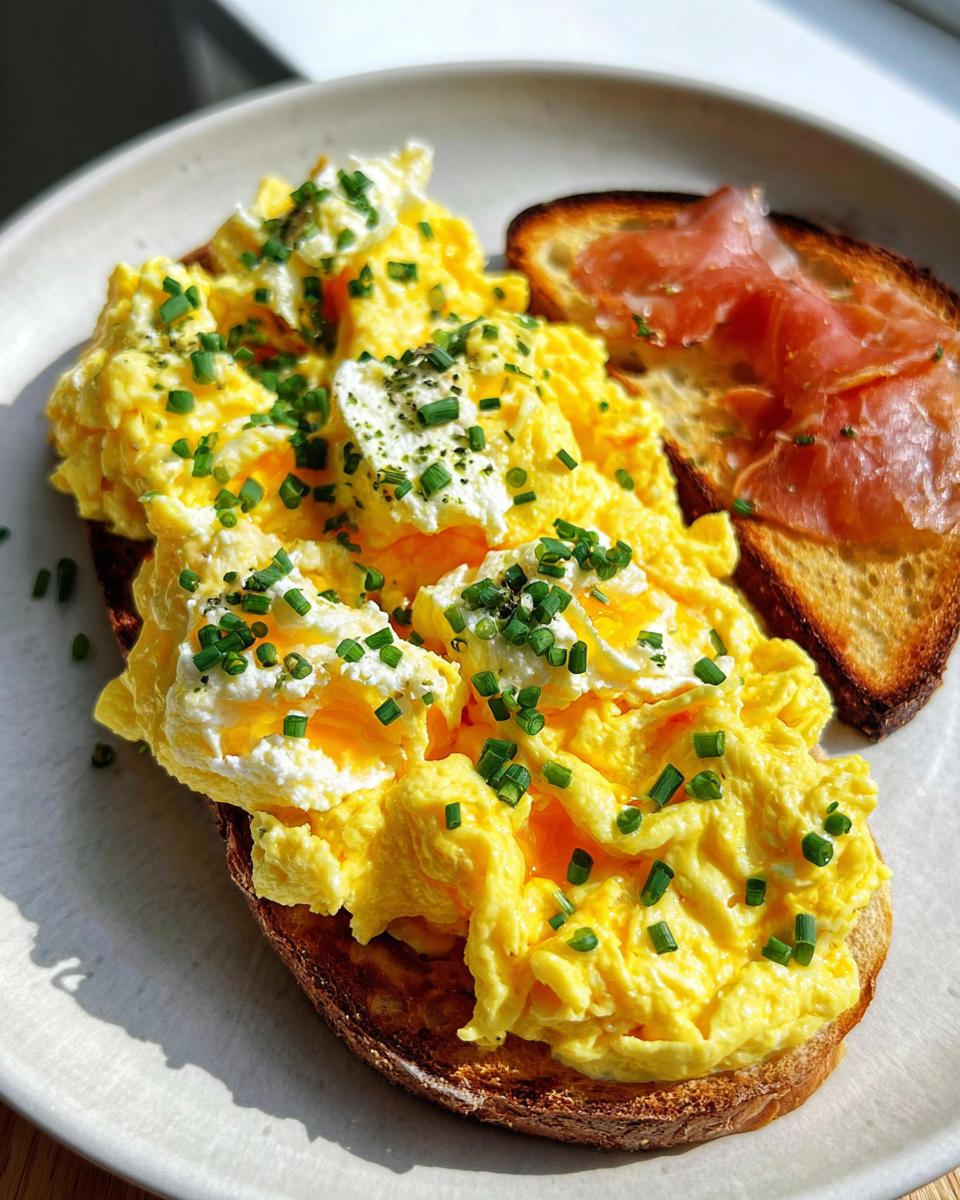 Close-up of creamy ricotta egg toast topped with fresh chives and a slice of prosciutto.