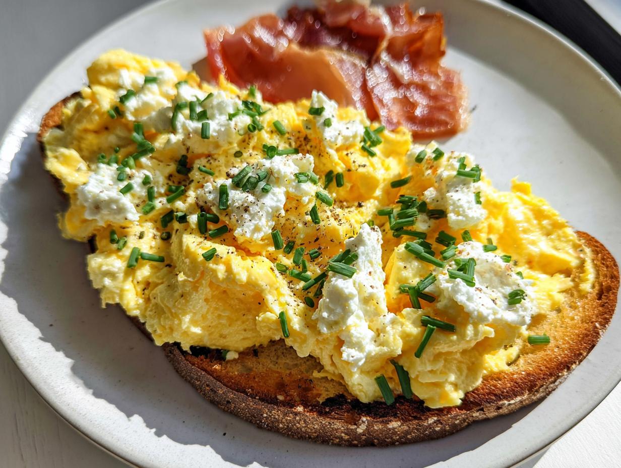 Scrambled eggs with ricotta and chives on toast, served with prosciutto. A delicious Creamy Ricotta Egg Toast.