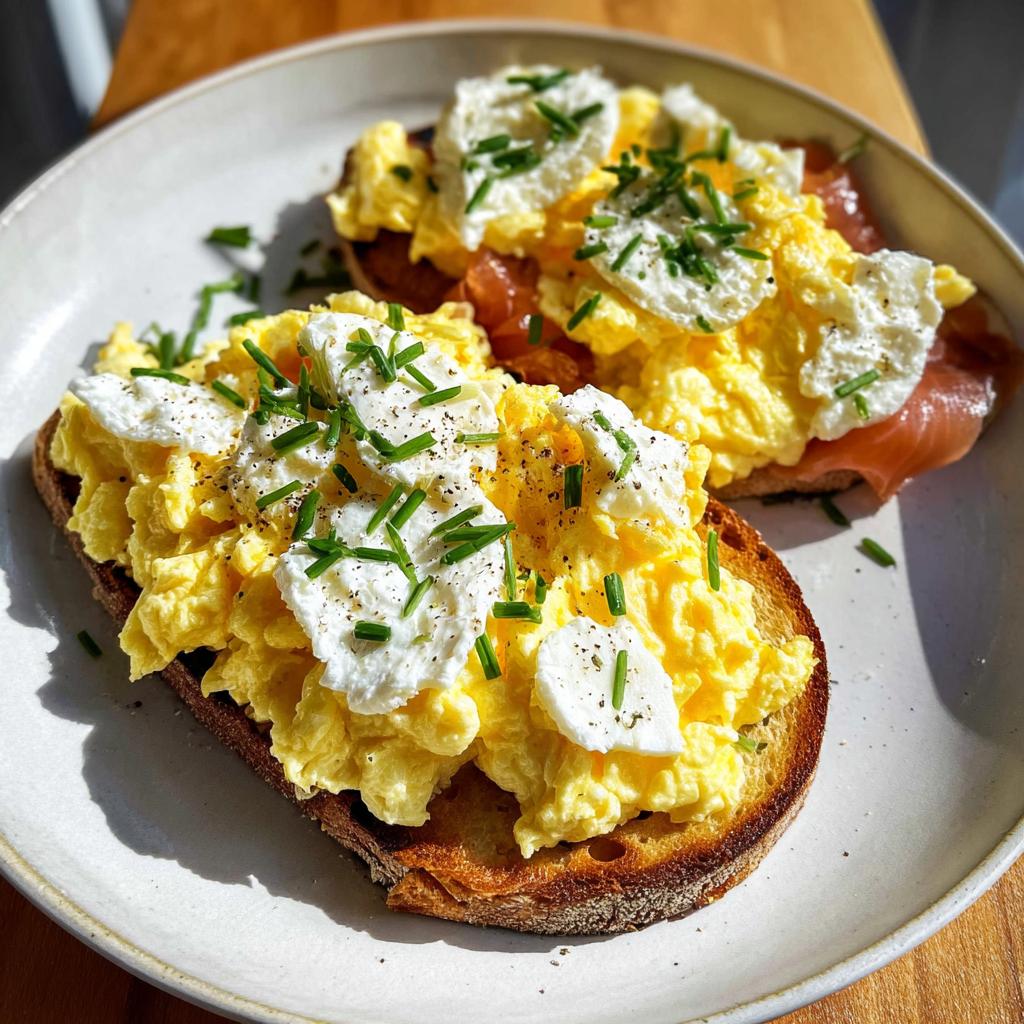 Two slices of Creamy Ricotta Egg Toast topped with fluffy scrambled eggs, dollops of ricotta, and fresh chives.