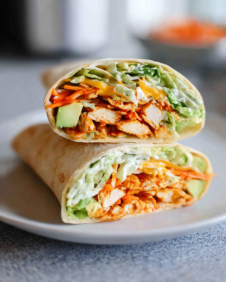 A delicious chicken wrap cut in half, showing layers of creamy spinach, eggs, chicken, avocado, shredded carrots, and cheese.