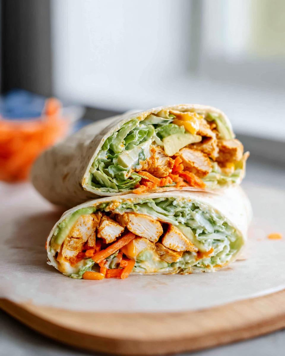 A delicious chicken wrap cut in half, filled with creamy spinach, shredded carrots, avocado, and chicken.