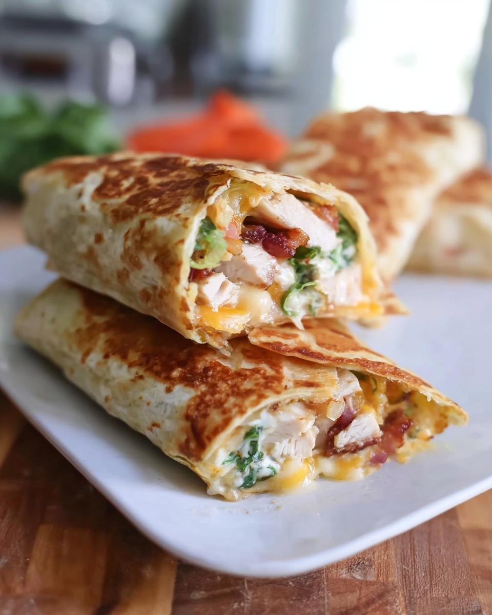 A close-up of a Crispy Chicken Bacon Wrap cut in half, revealing tender chicken, crispy bacon, and melted cheese.