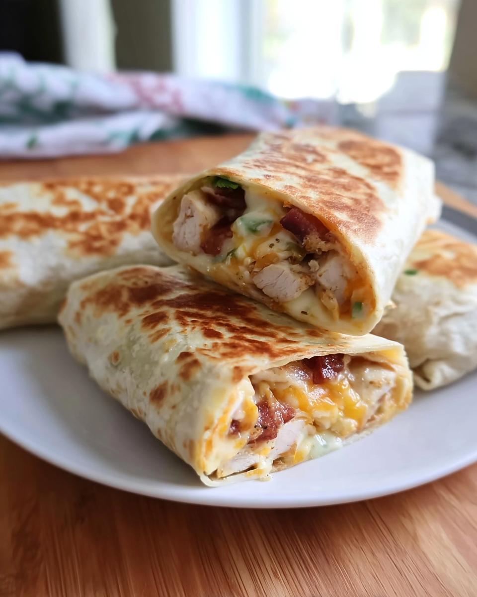 A close-up of a crispy chicken bacon wrap cut in half, revealing chicken, bacon, and melted cheese.