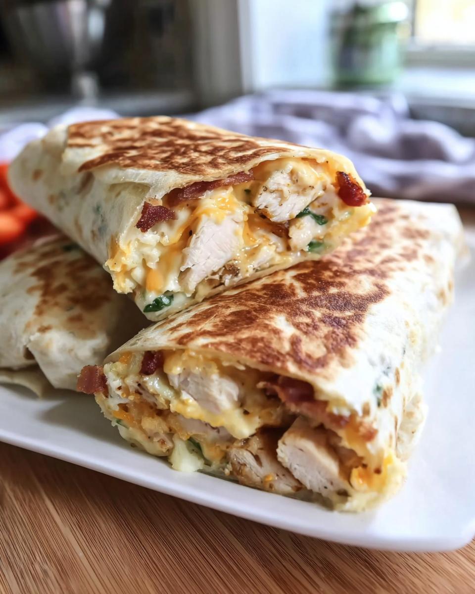 A close-up of a crispy chicken bacon wrap cut in half, revealing chicken, bacon, cheese, and greens.