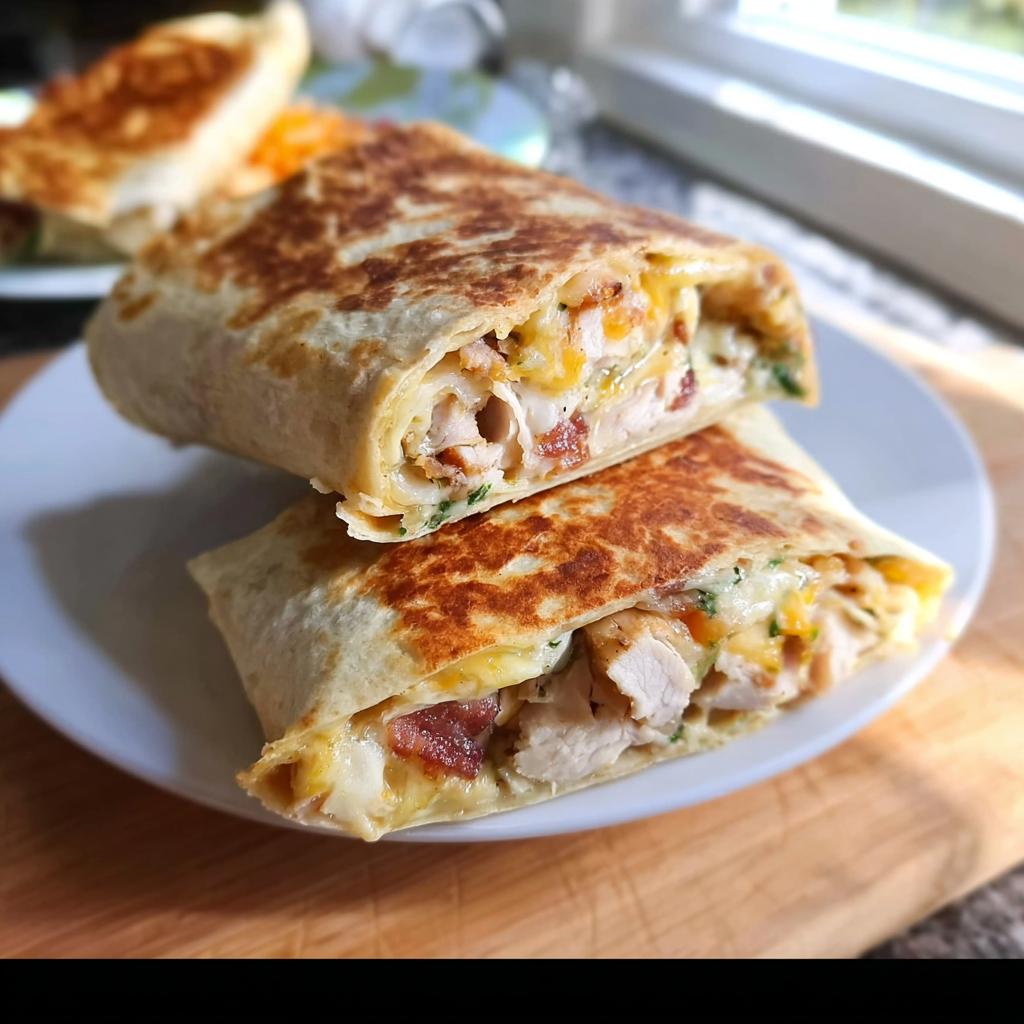 Close-up of a crispy chicken bacon wrap cut in half, revealing chicken, bacon, and melted cheese.