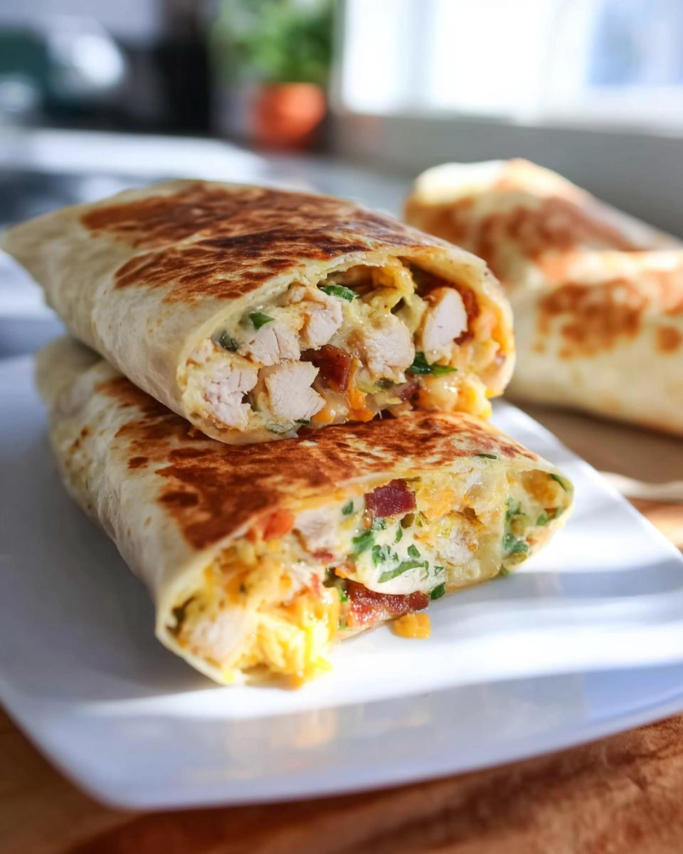 A close-up of a Crispy Chicken Bacon Wrap, sliced in half, revealing chicken, bacon, cheese, and herbs.