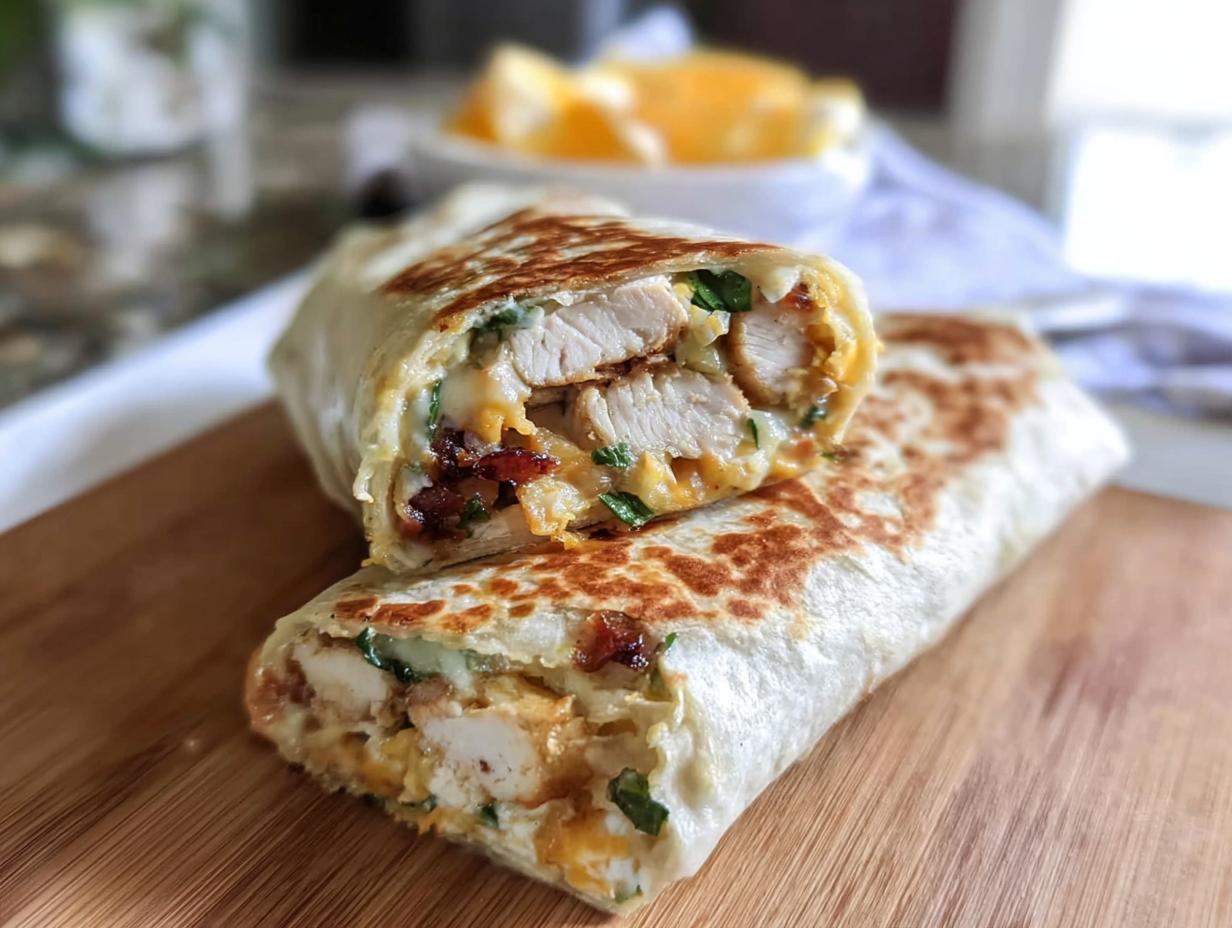 A close-up of a crispy chicken bacon wrap cut in half, revealing tender chicken, crispy bacon, and melted cheese.