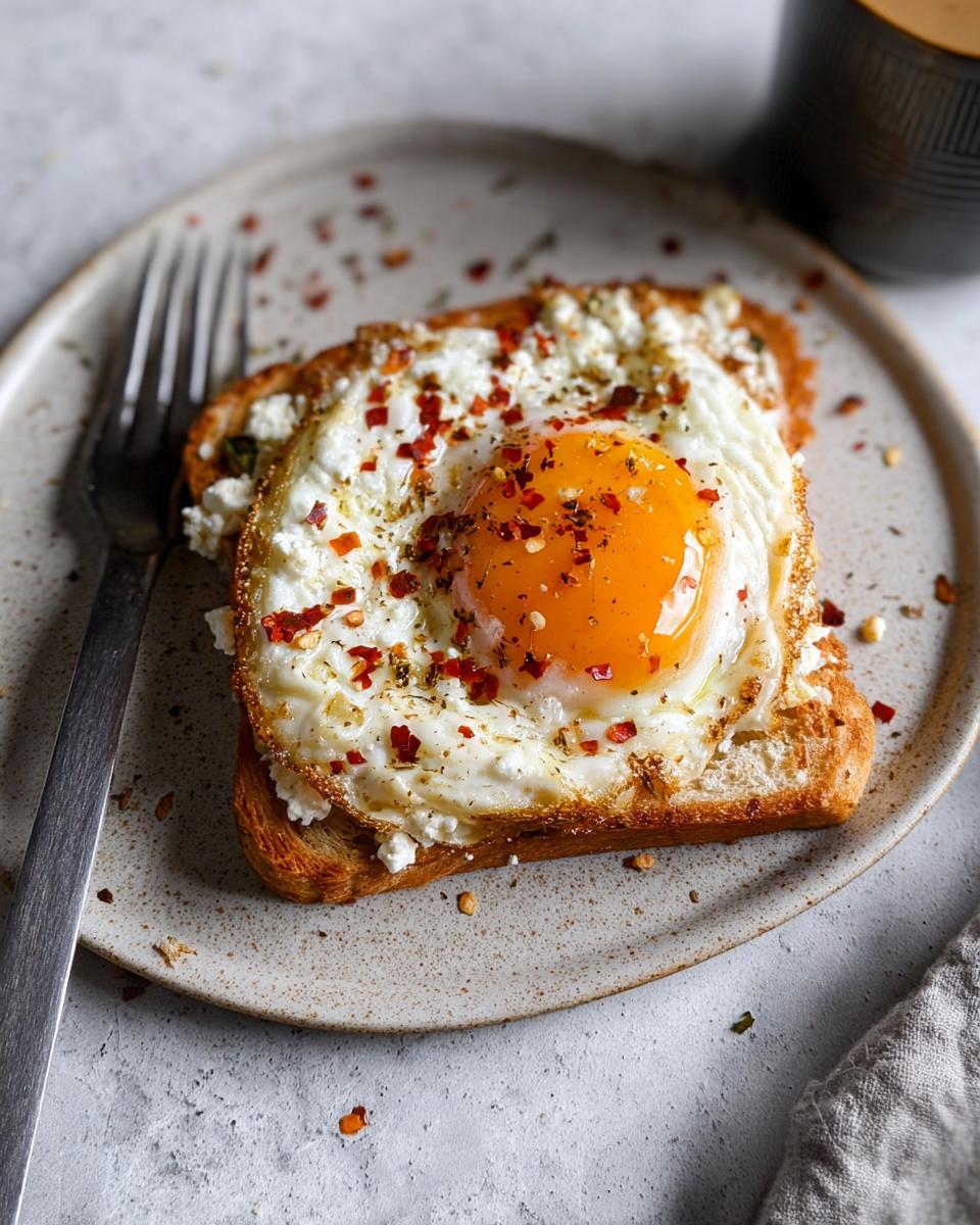 A perfectly fried egg atop crumbled feta cheese and toast, sprinkled with red pepper flakes for a delicious Crispy Feta Fried Eggs.