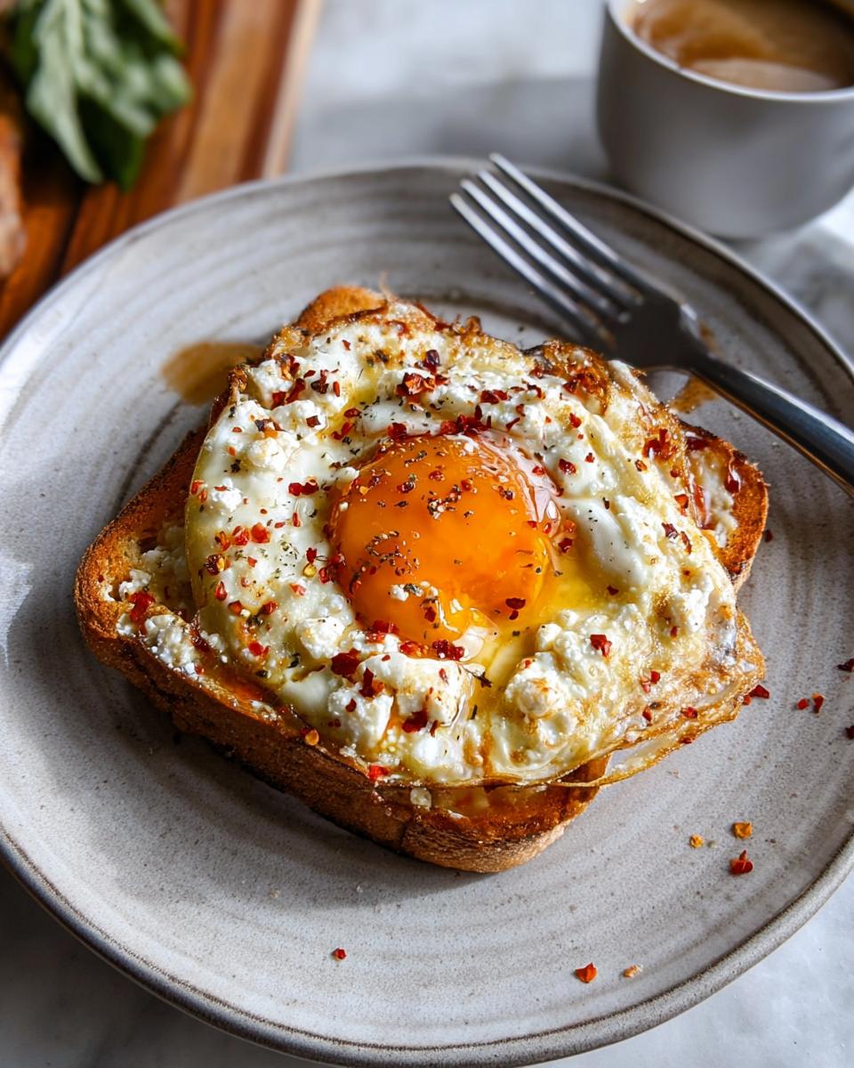 A close-up of crispy feta fried eggs served on toasted bread, sprinkled with chili flakes.