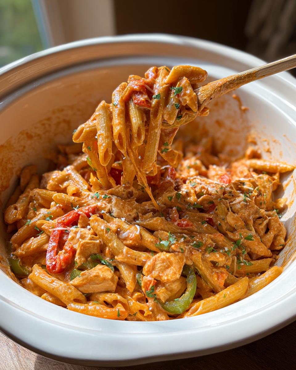 A wooden spoon lifting a generous portion of Crock Pot Creamy Cajun Chicken Pasta from a white slow cooker.