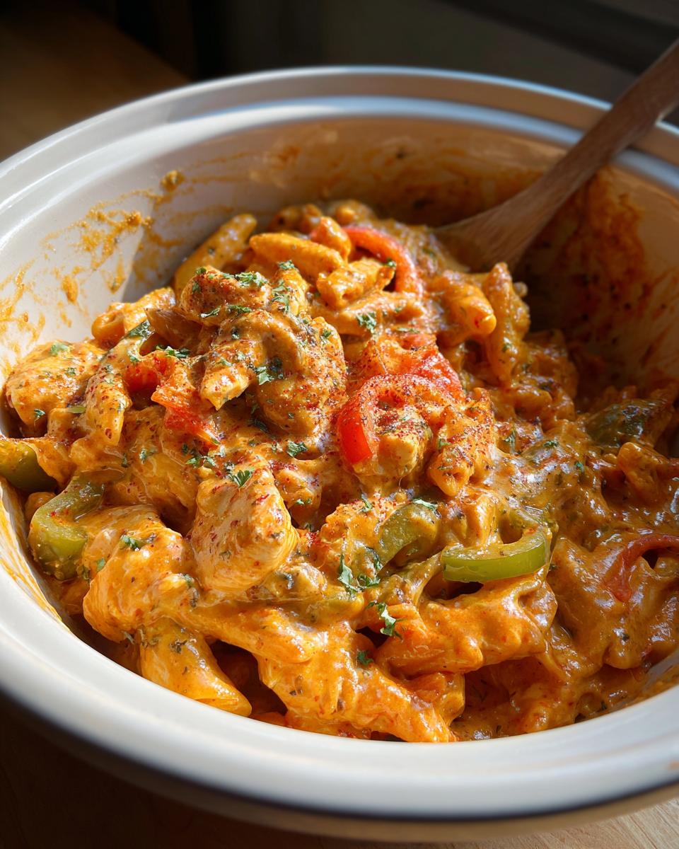 A close-up of Crock Pot Creamy Cajun Chicken Pasta in a white bowl, featuring penne pasta, chicken, peppers, and a creamy orange sauce.