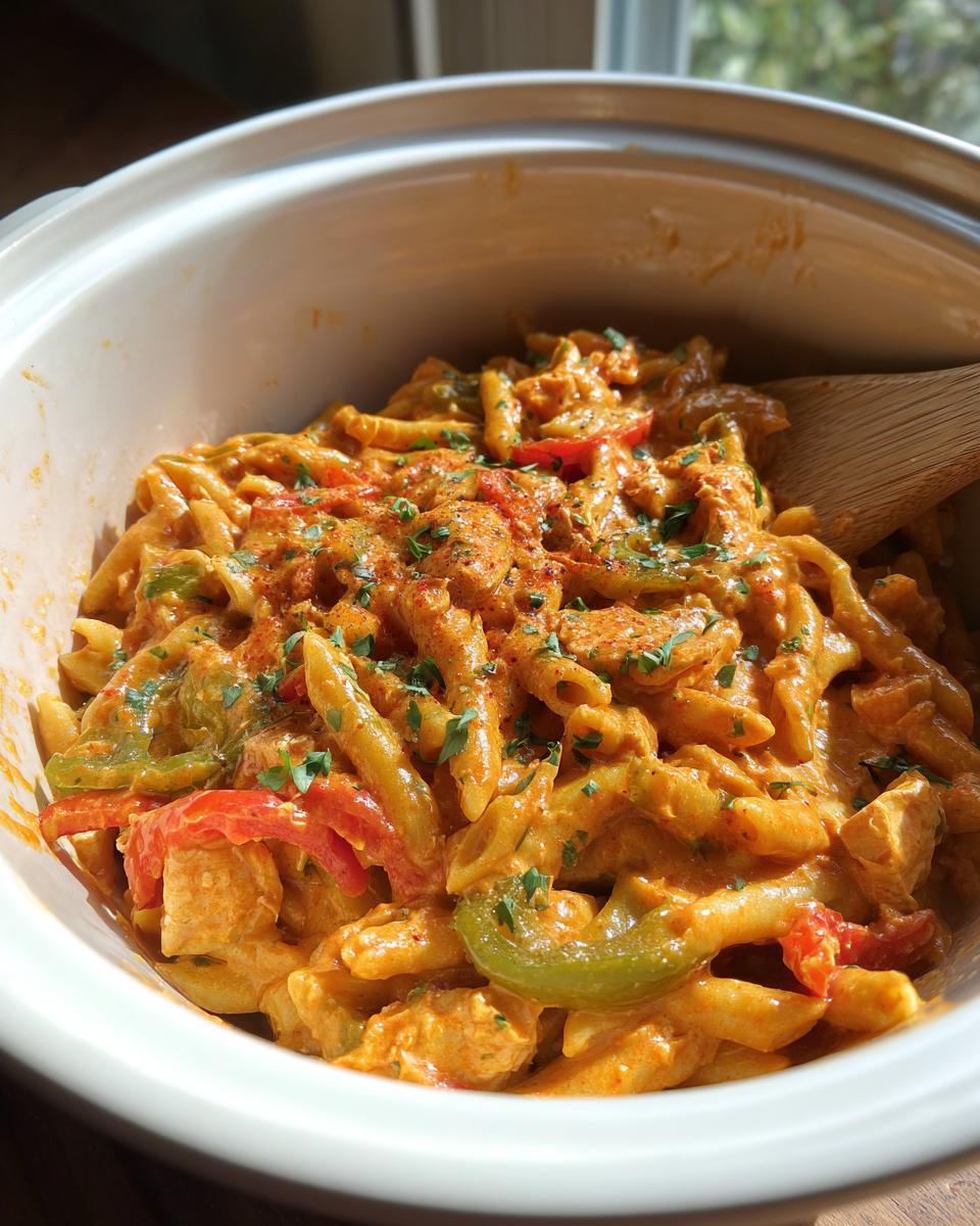 A close-up of Crock Pot Creamy Cajun Chicken Pasta with penne pasta, chicken, and bell peppers in a rich, orange sauce, garnished with parsley.