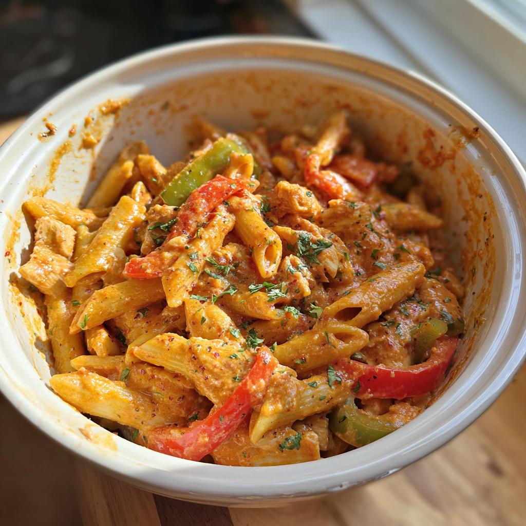 A bowl of Crock Pot Creamy Cajun Chicken Pasta with penne, chicken, and bell peppers, garnished with parsley.