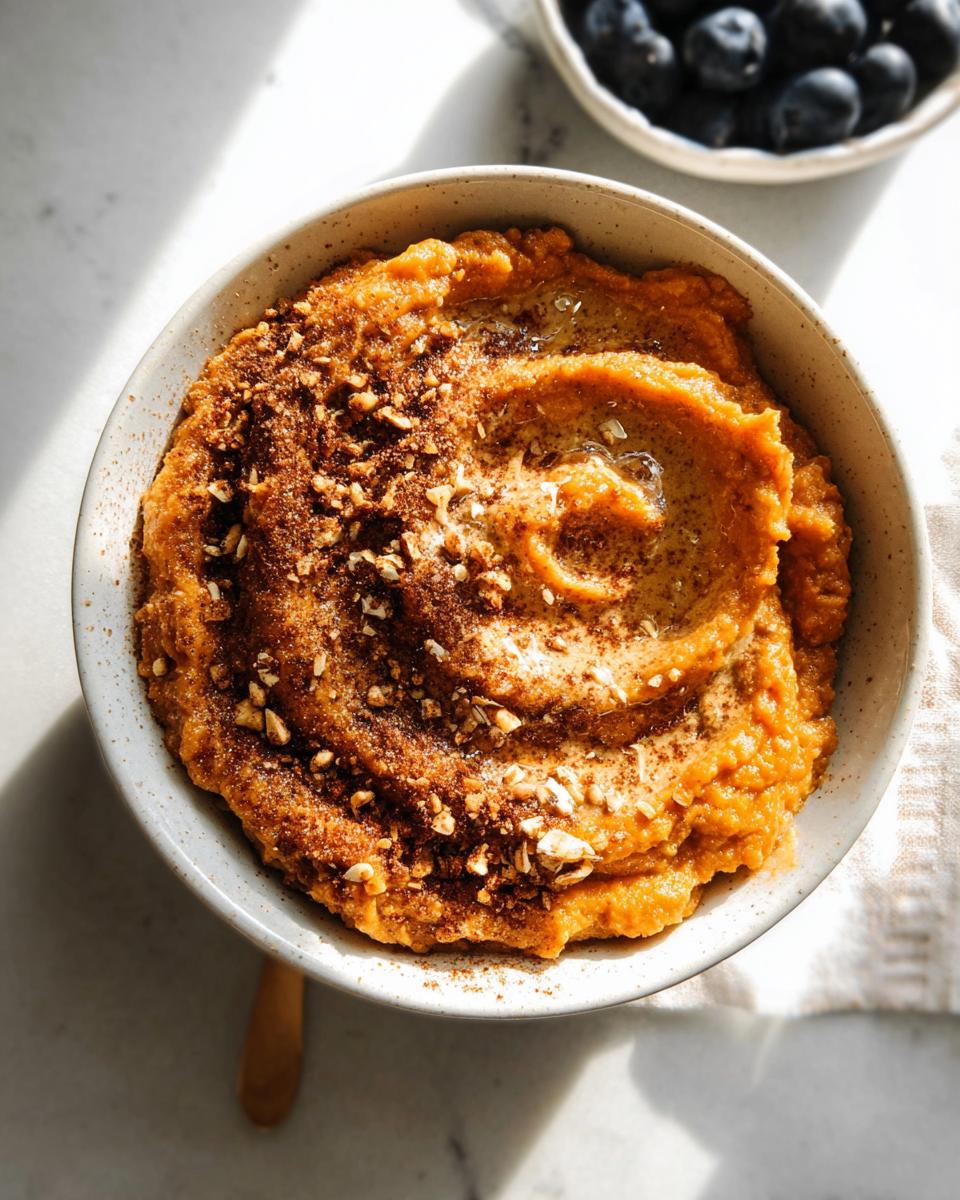 A close-up of a Delicious Sweet Potato Breakfast Bowl topped with cinnamon and nuts, with blueberries in the background.