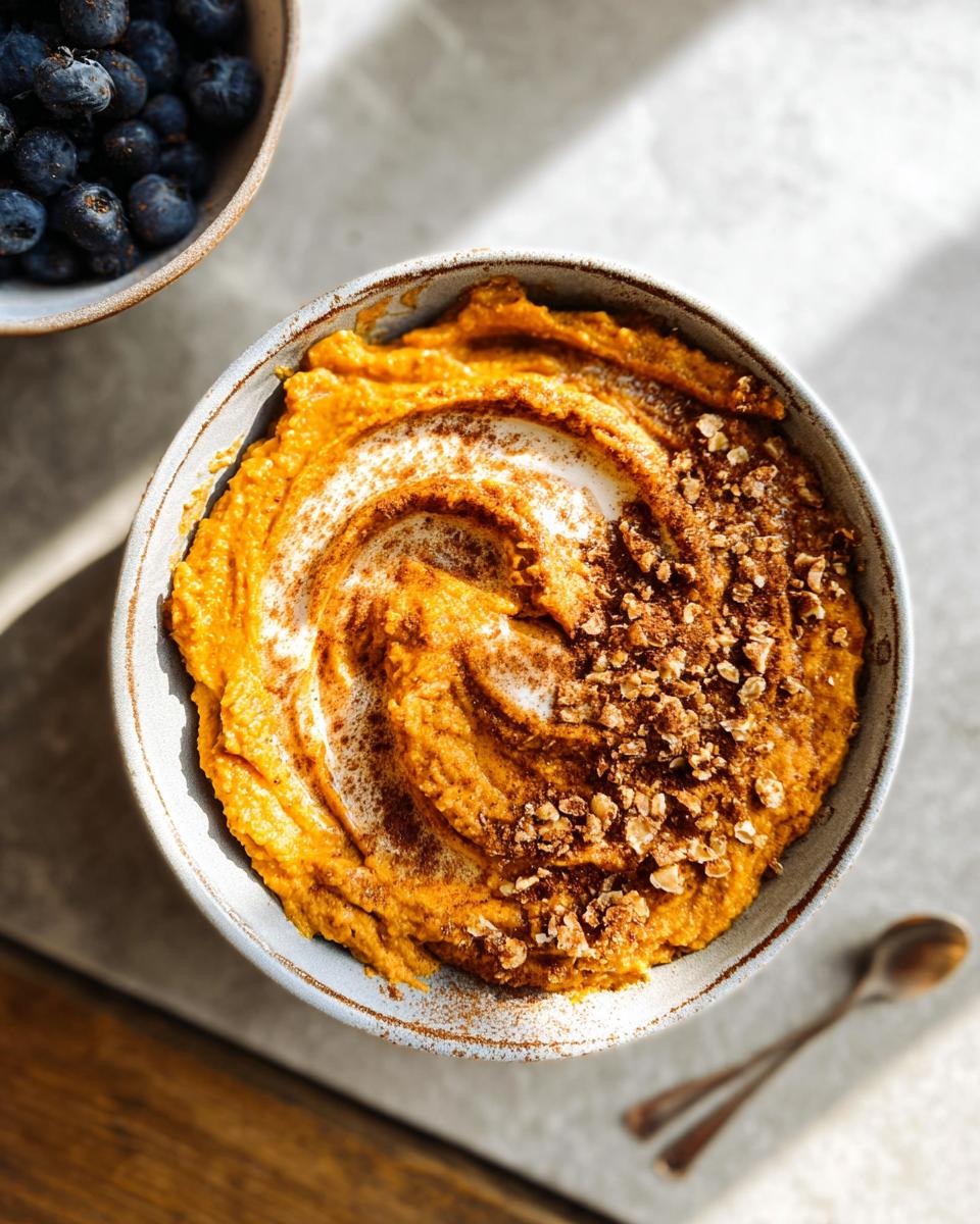 A Delicious Sweet Potato Breakfast Bowl topped with cream, cinnamon, and nuts, with a side of blueberries.
