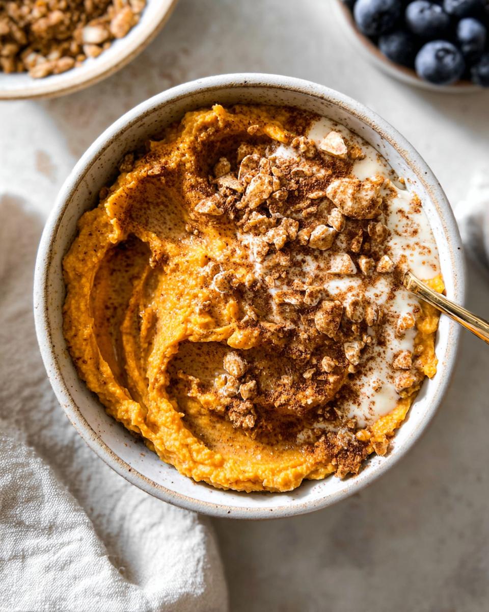 A close-up of a Delicious Sweet Potato Breakfast Bowl topped with yogurt, granola, and cinnamon.
