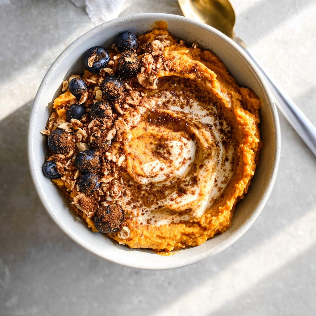 A Delicious Sweet Potato Breakfast Bowl topped with blueberries, granola, and a swirl of yogurt or cream.