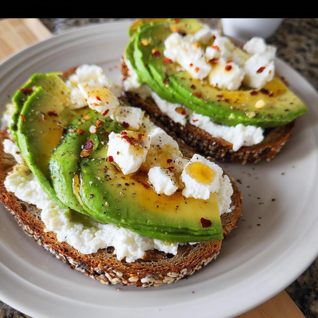 Two slices of EASY Avocado Toast with Cottage Cheese & Honey, topped with avocado slices, cottage cheese, and a drizzle of honey.
