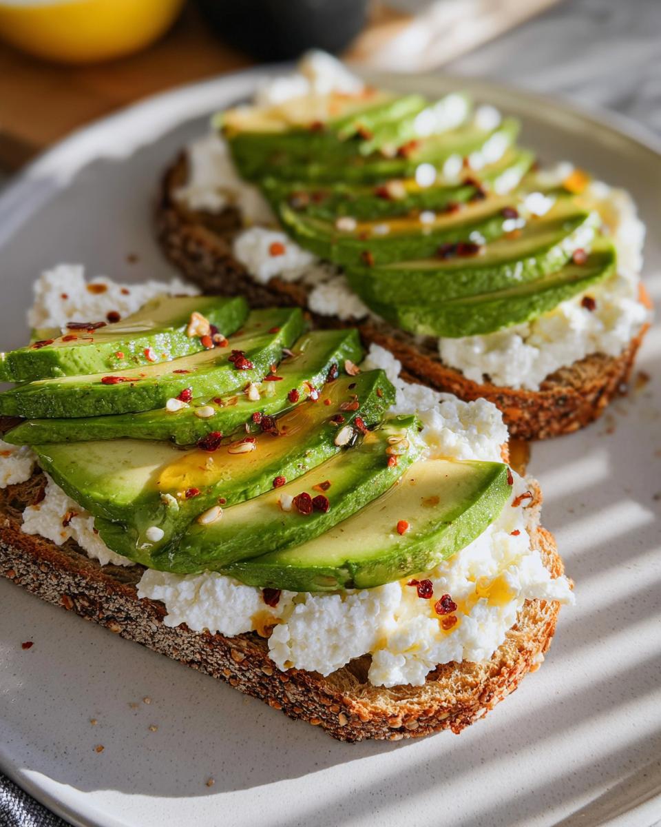 Two slices of EASY Avocado Toast with Cottage Cheese & Honey, topped with sliced avocado, cottage cheese, and a drizzle of honey.