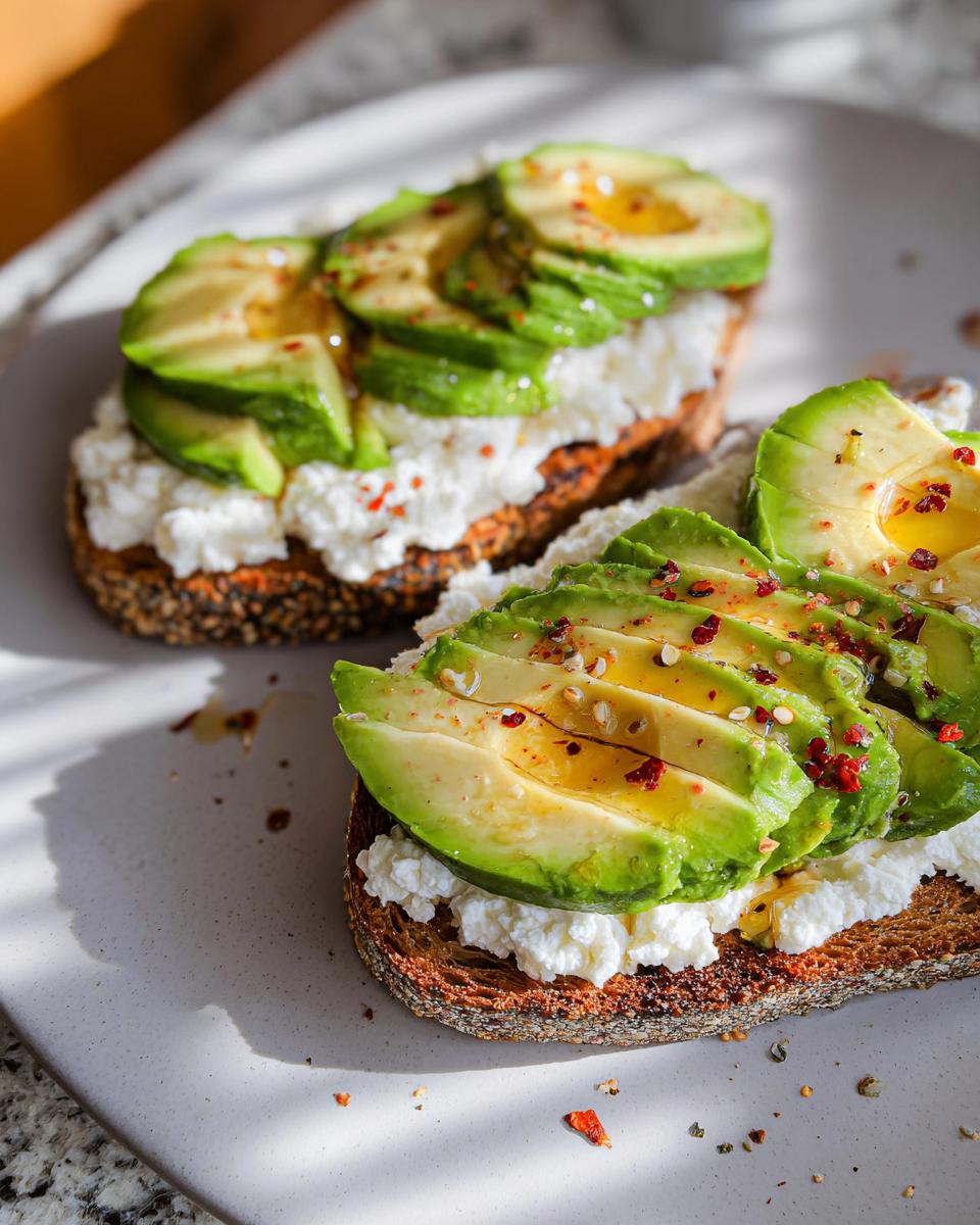 Close-up of two slices of EASY Avocado Toast with Cottage Cheese & Honey, topped with sliced avocado, honey drizzle, and red pepper flakes.