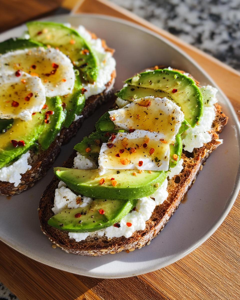 Two slices of EASY Avocado Toast with Cottage Cheese & Honey, topped with fresh avocado, cottage cheese, and a drizzle of honey and chili flakes.