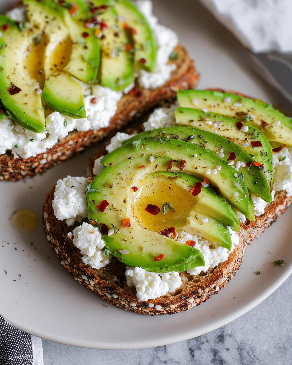 Close-up of EASY Avocado Toast with Cottage Cheese & Honey, featuring sliced avocado, creamy cottage cheese, and a drizzle of honey on seeded bread.