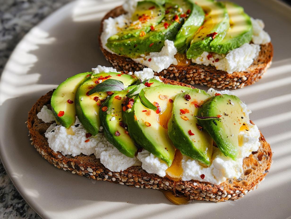 Two slices of EASY Avocado Toast with Cottage Cheese & Honey, topped with fresh avocado slices, chili flakes, and a drizzle of honey.