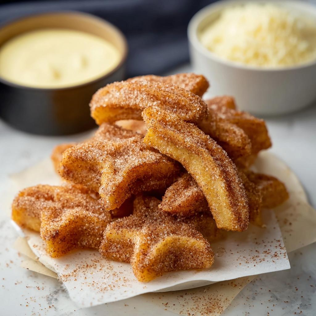A pile of star-shaped and curved Easy Baked Churro Bites coated in cinnamon sugar.
