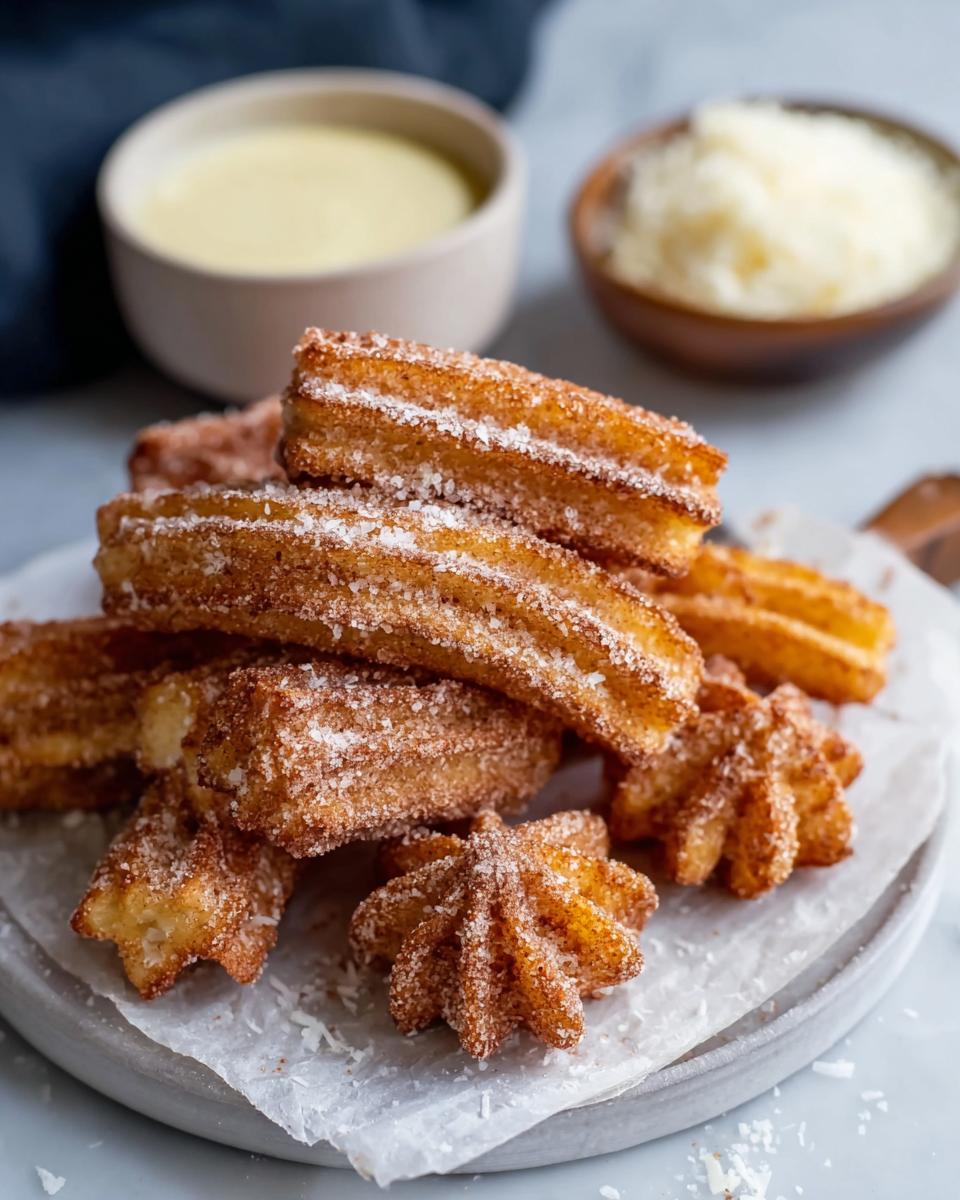 A pile of golden-brown Easy Baked Churro Bites coated in cinnamon sugar, with a bowl of dipping sauce in the background.
