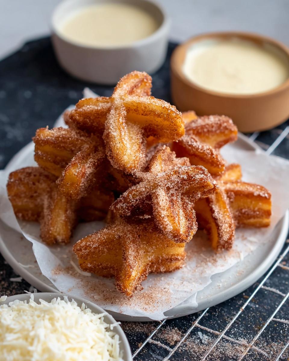 A pile of golden-brown Easy Baked Churro Bites coated in cinnamon sugar, served with dipping sauces.