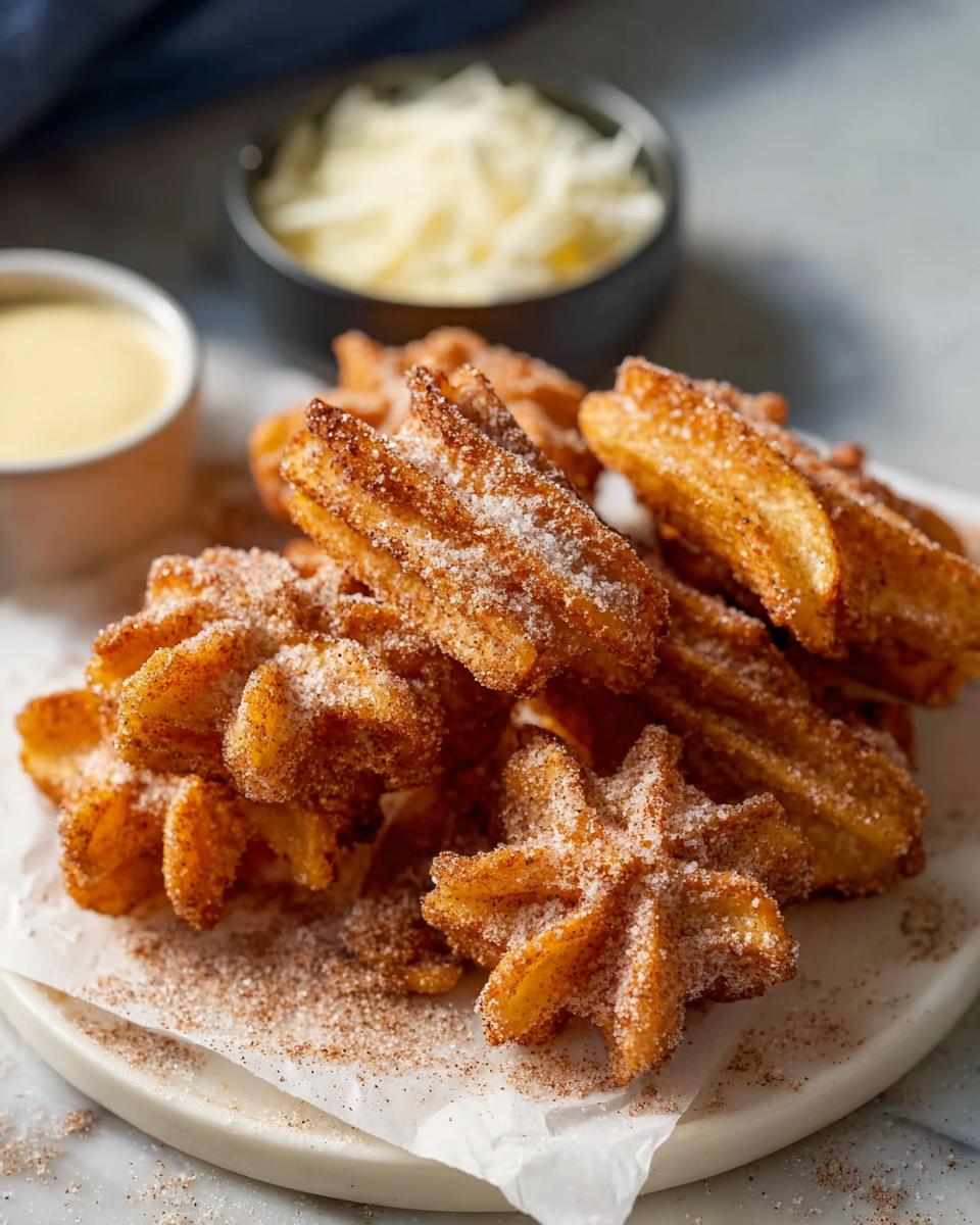 A pile of delicious Easy Baked Churro Bites coated in cinnamon sugar, with a side of dipping sauce.