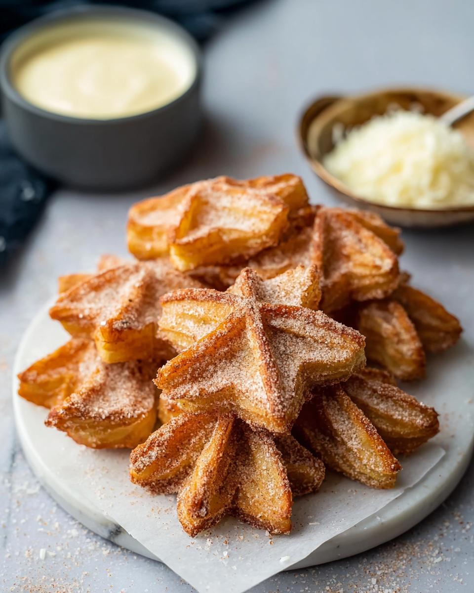 A pile of star-shaped Easy Baked Churro Bites dusted with cinnamon sugar, served with a dipping sauce.