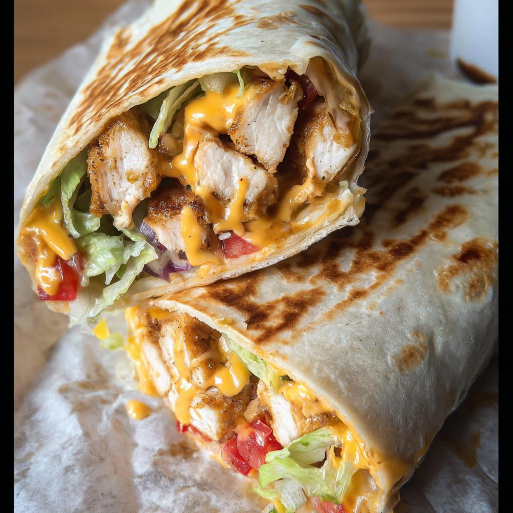 A delicious Easy Chipotle Ranch Grilled Chicken Burrito cut in half, showing grilled chicken, lettuce, tomatoes, and cheese.