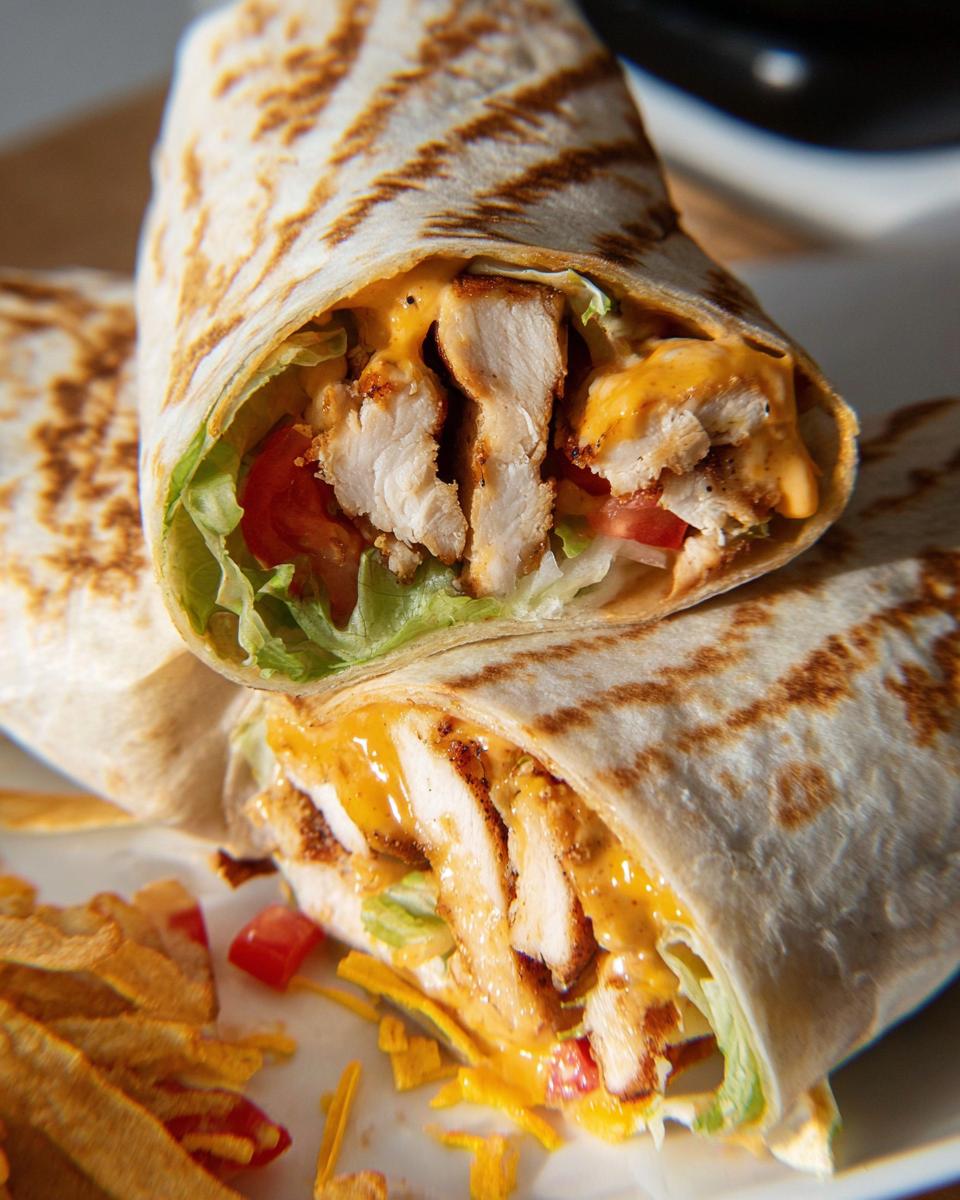 A close-up of an Easy Chipotle Ranch Grilled Chicken Burrito, sliced in half to reveal grilled chicken, lettuce, tomato, and creamy chipotle ranch sauce.