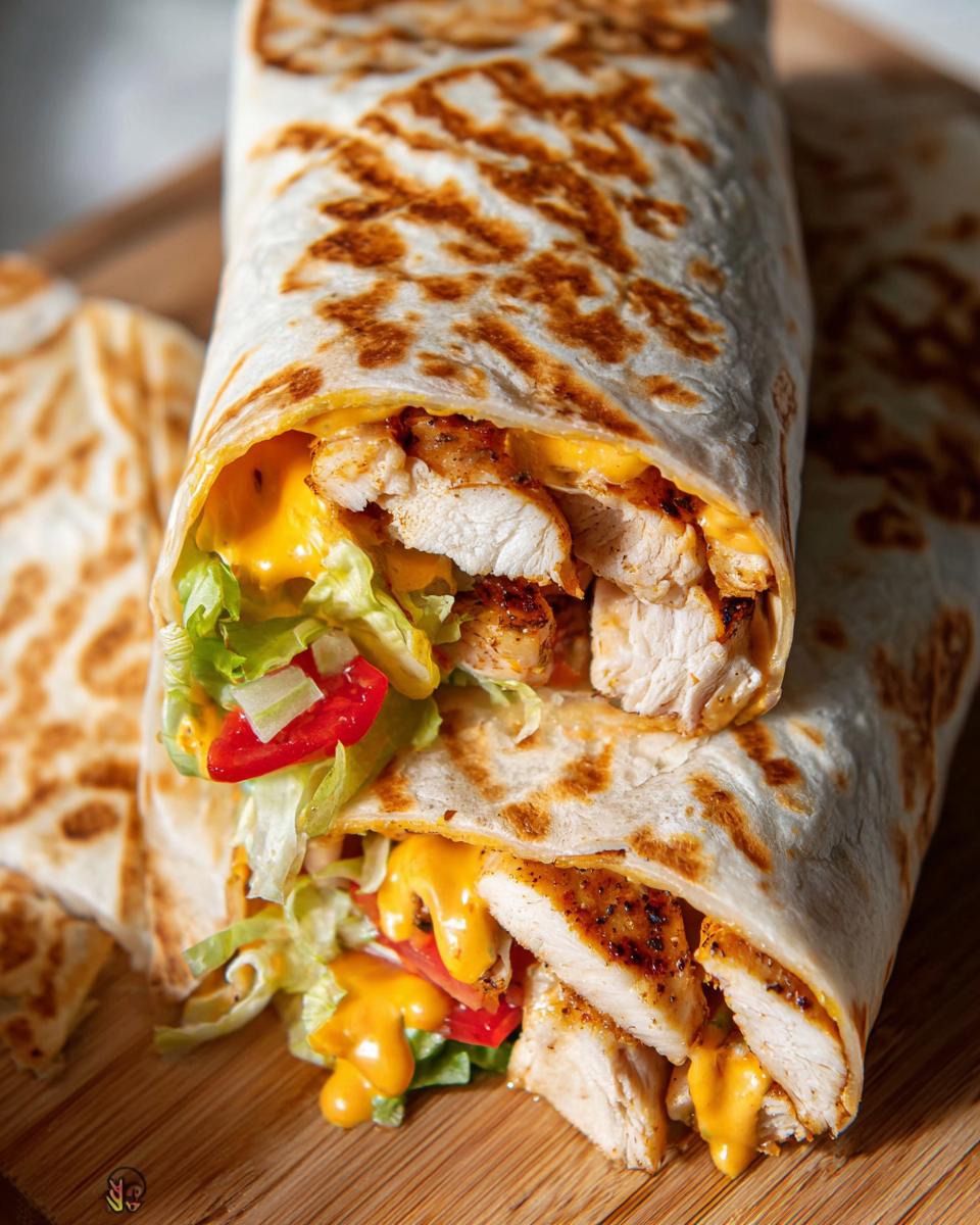 A close-up of an Easy Chipotle Ranch Grilled Chicken Burrito, showing grilled chicken, lettuce, tomato, and melted cheese.