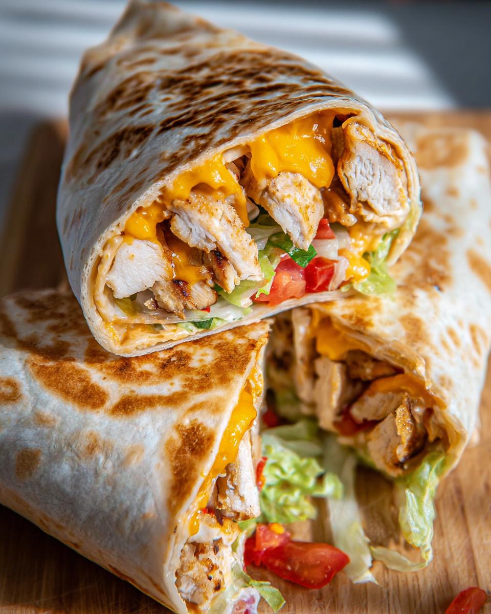 A delicious Easy Chipotle Ranch Grilled Chicken Burrito, cut in half, showing grilled chicken, cheese, lettuce, and tomatoes.
