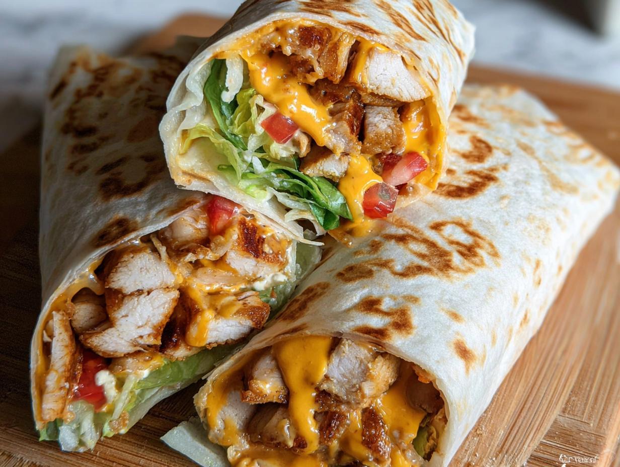 Close-up of an Easy Chipotle Ranch Grilled Chicken Burrito cut in half, showing grilled chicken, lettuce, tomato, and cheese sauce.