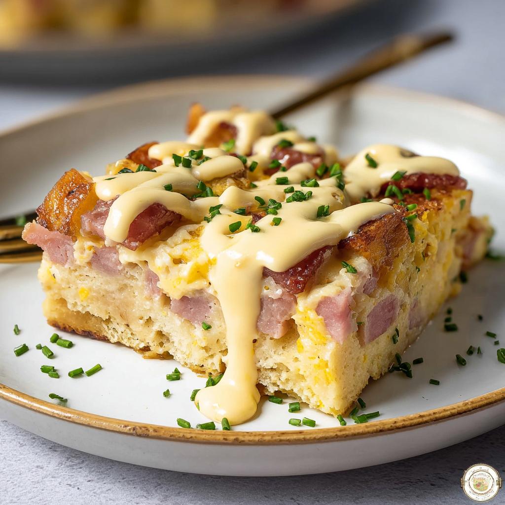 A delicious slice of Easy Eggs Benedict Casserole, topped with hollandaise sauce and chives.