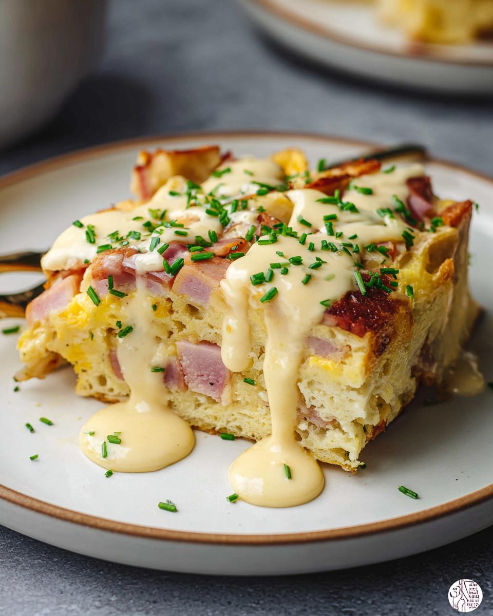 A delicious slice of Easy Eggs Benedict Casserole topped with creamy sauce and chives.