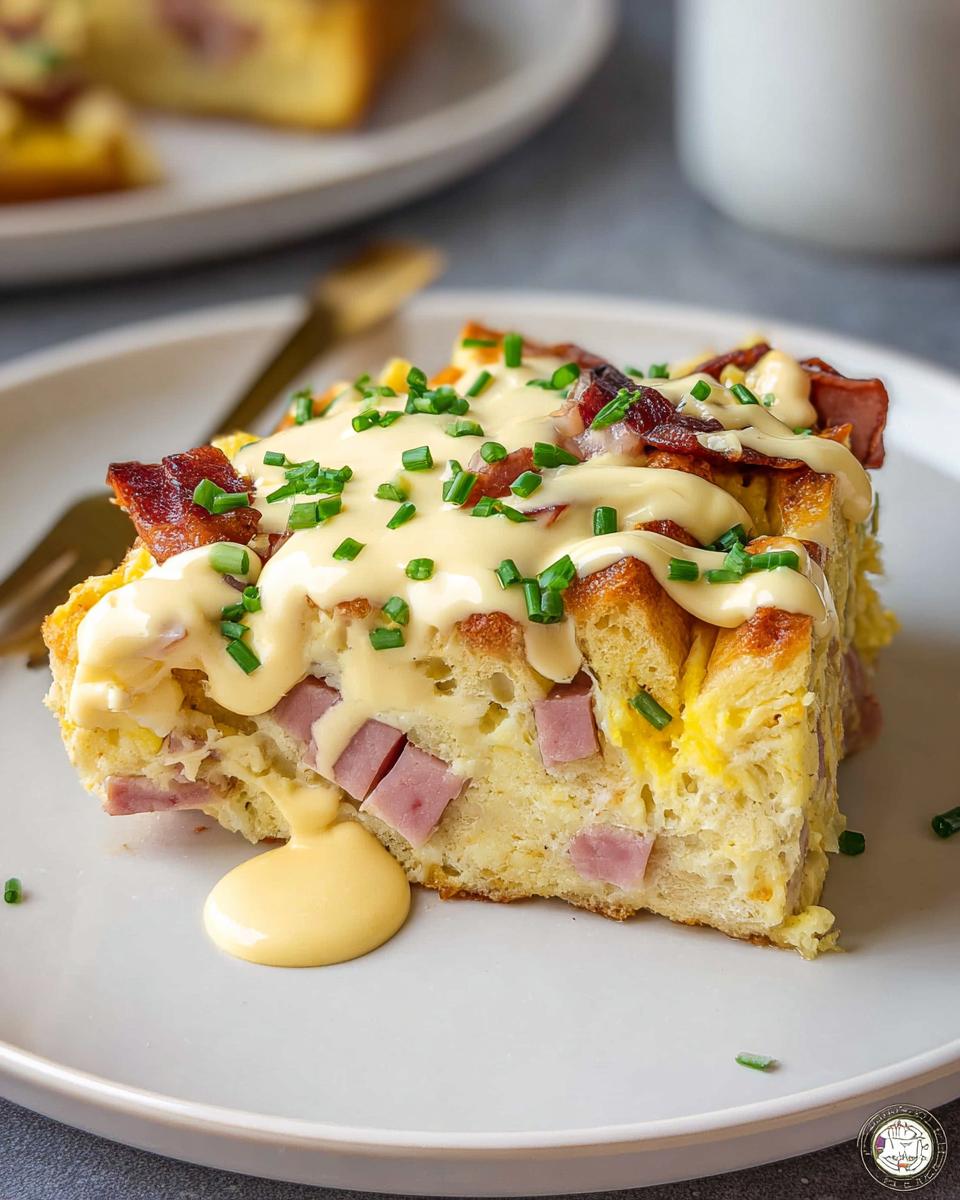 A delicious slice of Easy Eggs Benedict Casserole topped with hollandaise sauce, bacon, and chives.