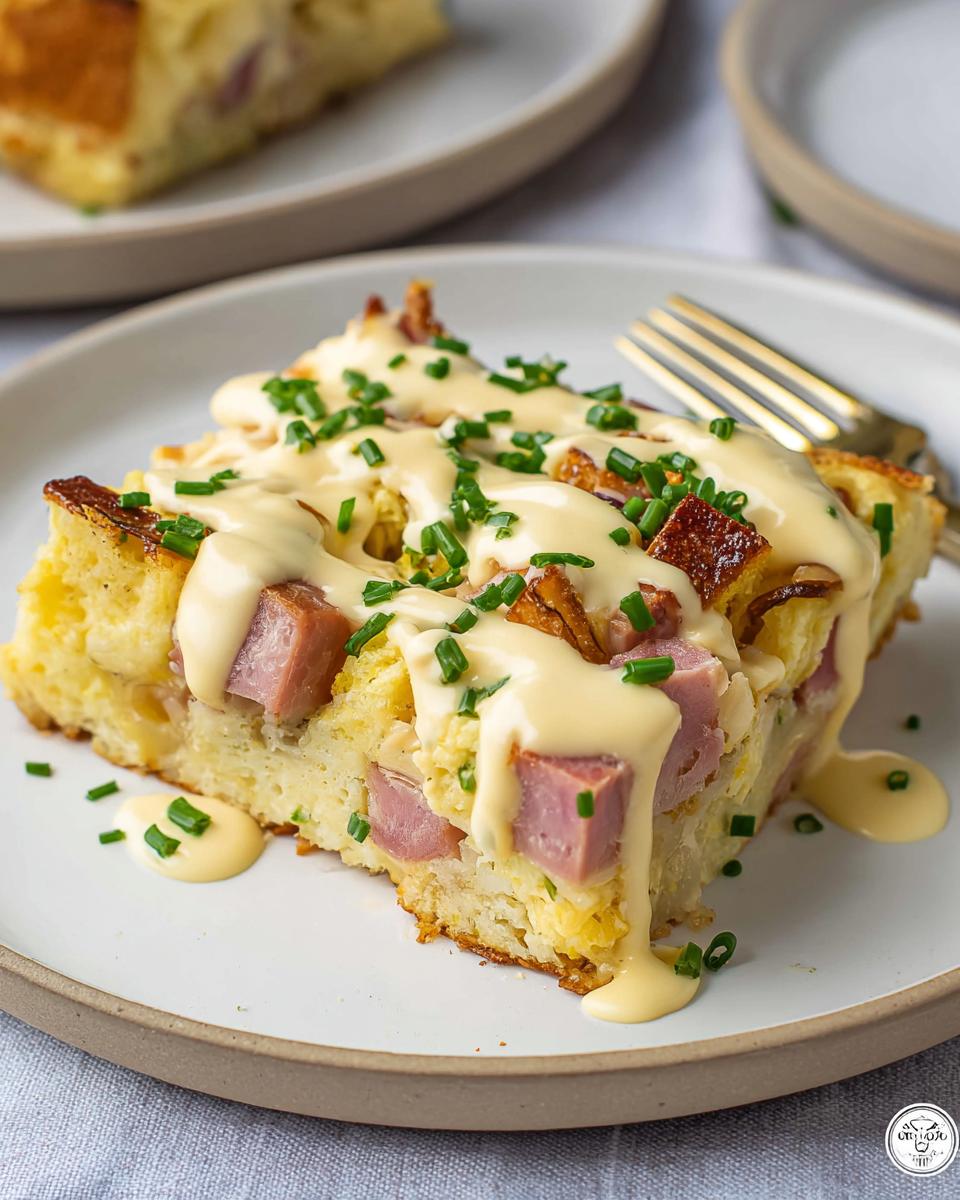 A delicious slice of Easy Eggs Benedict Casserole topped with creamy hollandaise sauce and fresh chives.
