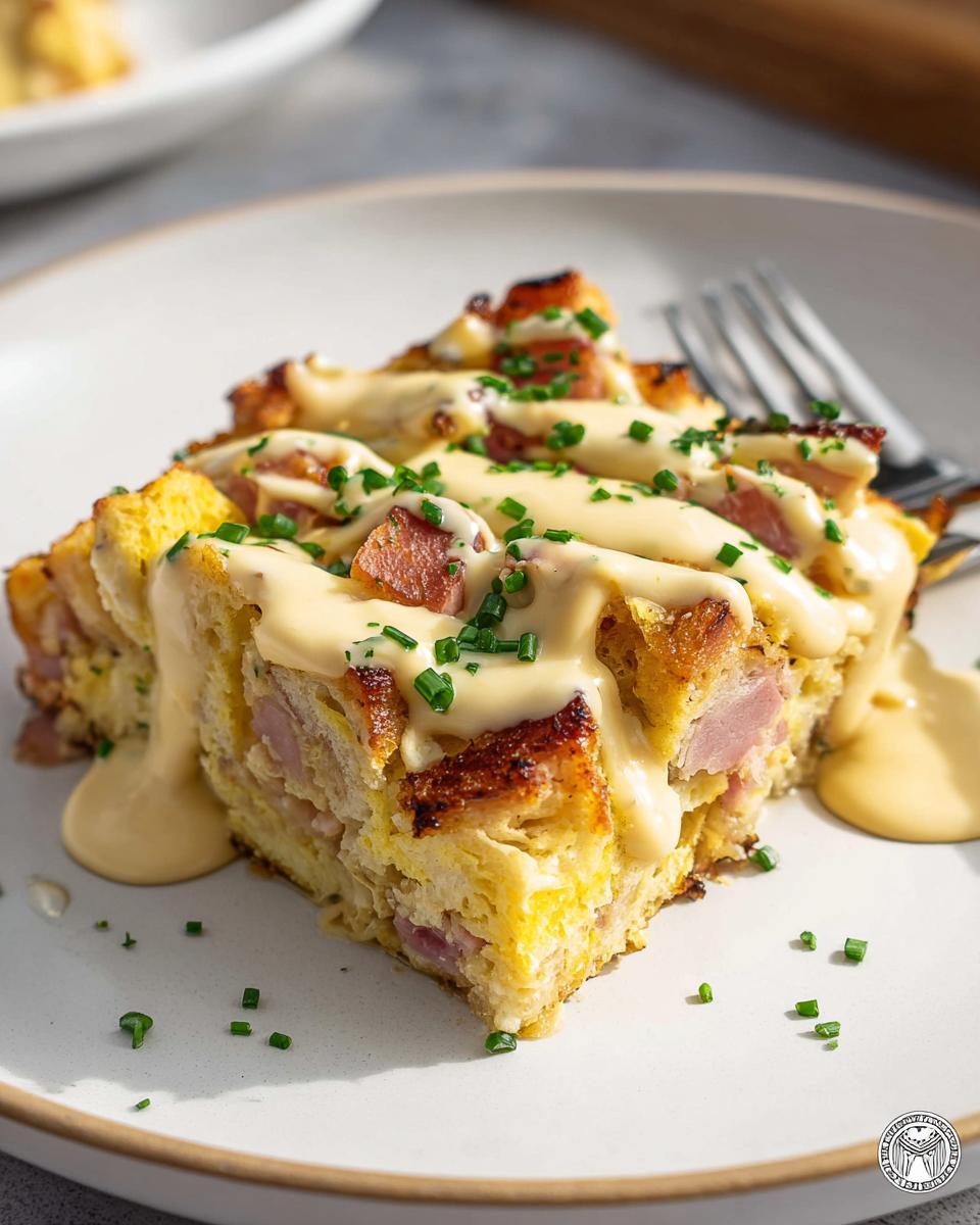 A delicious slice of Easy Eggs Benedict Casserole topped with creamy hollandaise sauce and chives.