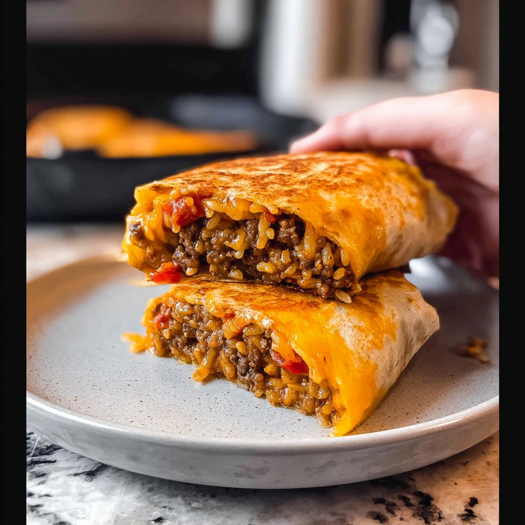 A close-up of a grilled cheese burrito copycat recipe, cut in half, revealing seasoned ground beef and rice filling.