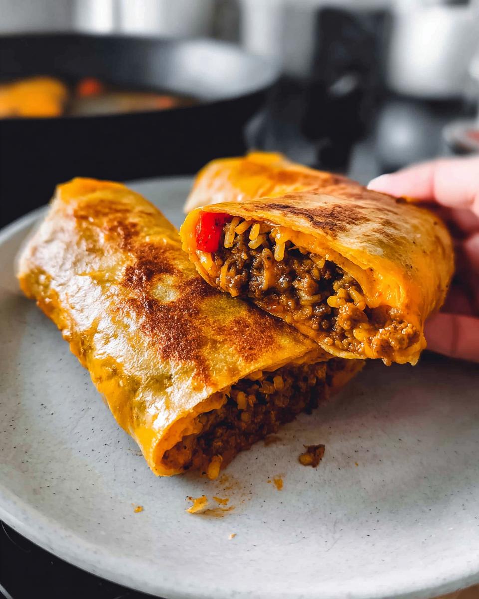 Close-up of a delicious Easy Grilled Cheese Burrito Copycat Recipe, cut in half to show the savory filling.